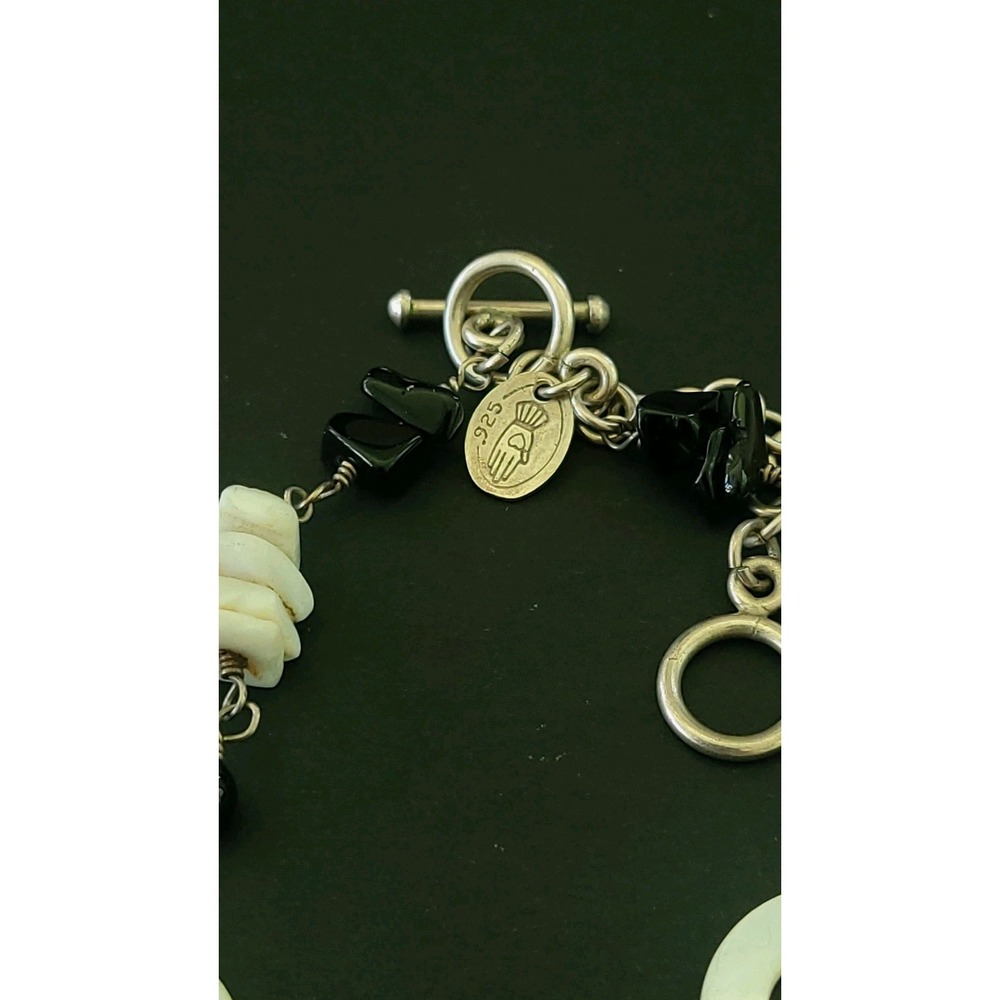 925 Sterling Silver Black Onyx Mother of Pearl Shell Anklet Bracelet 11in 13.65g